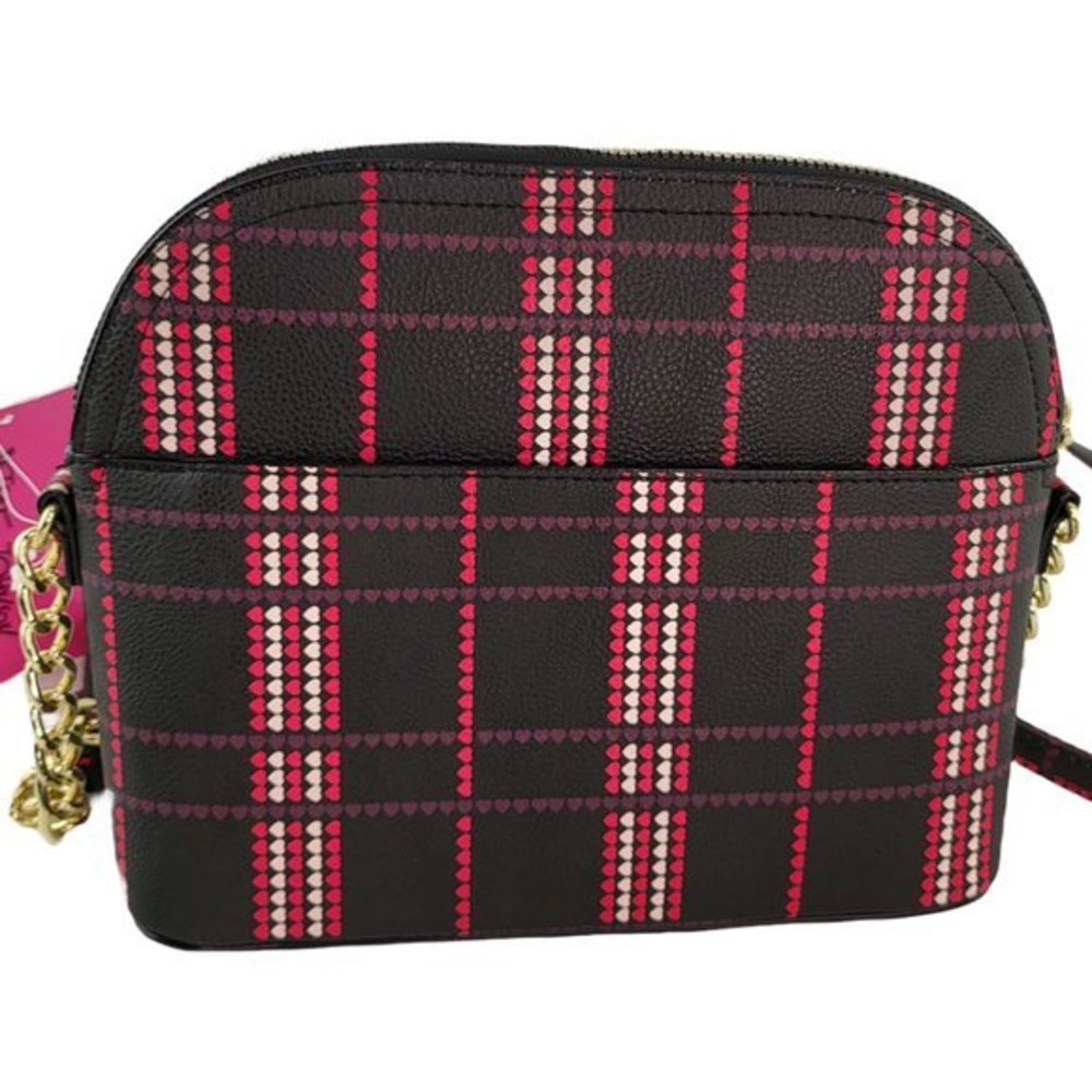 Betsey Johnson Womens Crossbody Purse‎ Heart Plaid Purse Black Pink Gold New - Picture 3 of 9